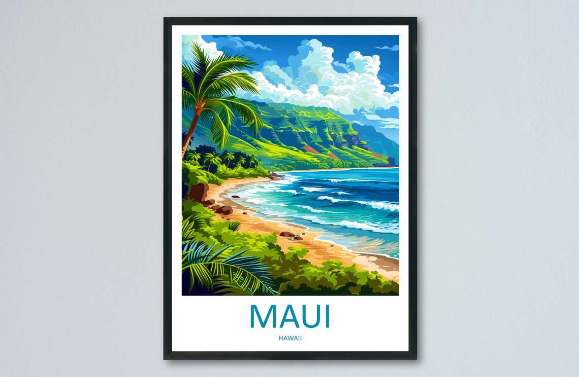 Maui Hawaii Tropical Beach Palm Cove Sunset Waves Travel Poster