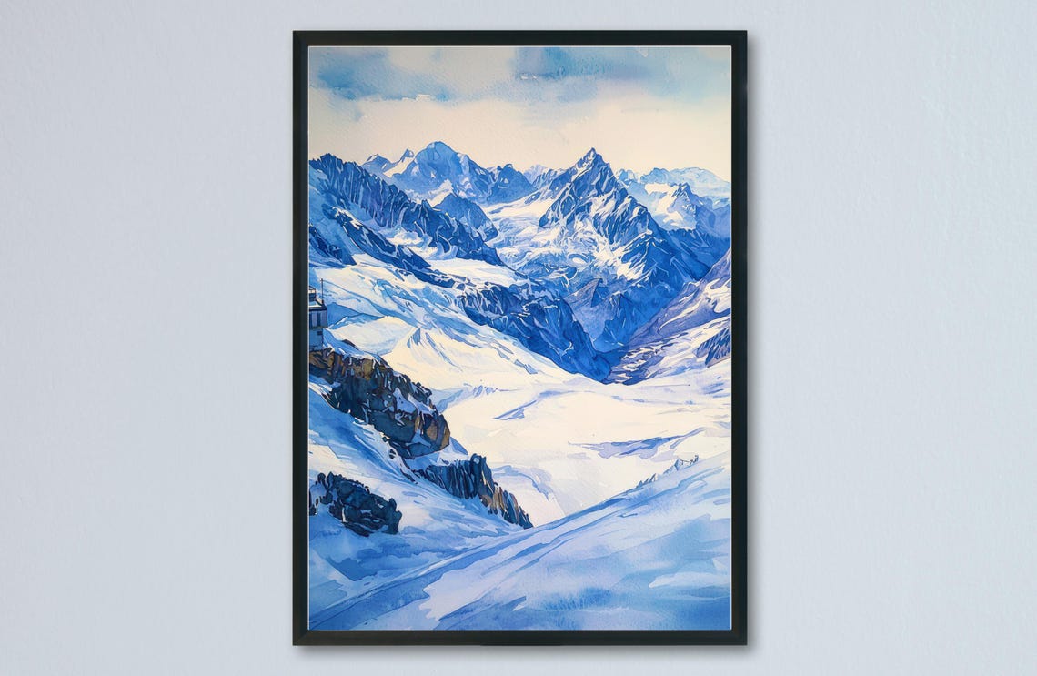 Jungfraujoch Glacier Alpine Peaks Panorama Watercolor Travel Poster