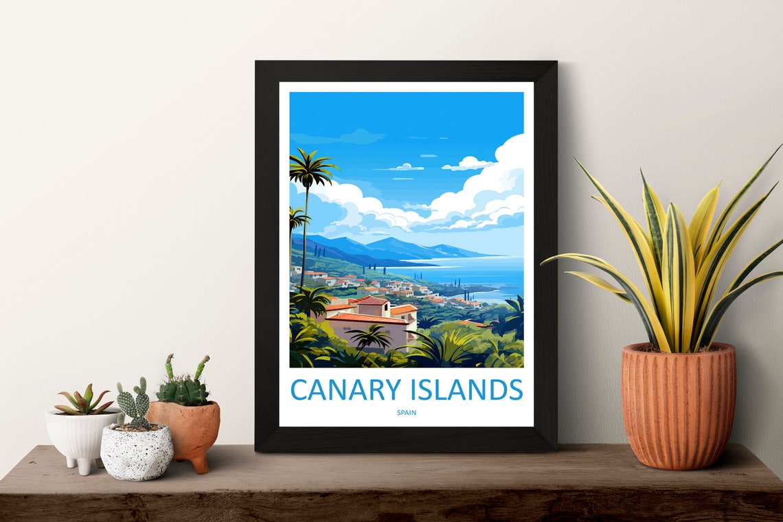 Canary Islands Spain Coastal Hillside Village Illustration Poster - Image 3