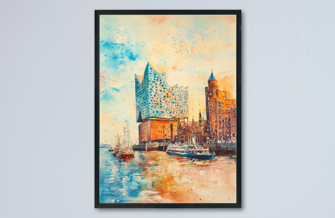 Hamburg Elbphilharmonie Harbor Bright Watercolor Cityscape Poster