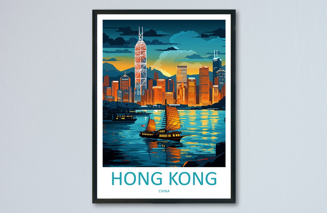Hong Kong Travel Poster, Asia Wall Decor