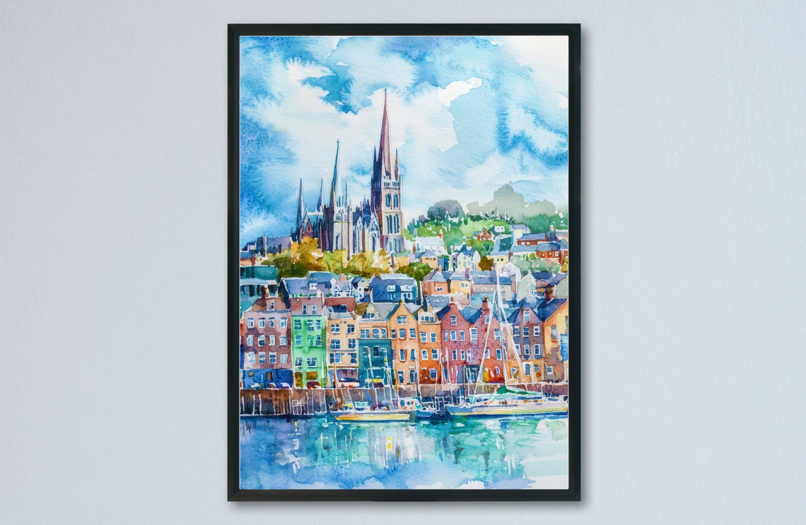 Cobh Ireland Cathedral Colorful Waterfront Harbor Watercolor Poster