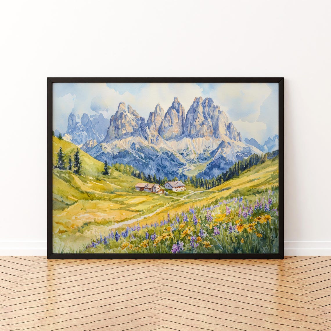 Dolomites Alpine Meadow Watercolor Jagged Peaks Mountain Poster