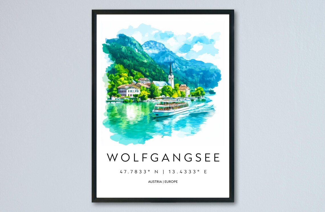 Wolfgangsee Lake Boat Watercolor Austria Alpine Village Travel Poster