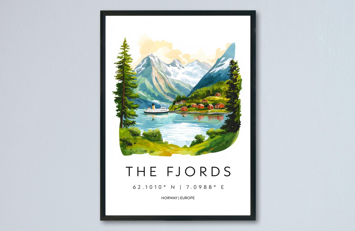 The Fjords Norway Watercolor Mountain Landscape Travel Wall Poster