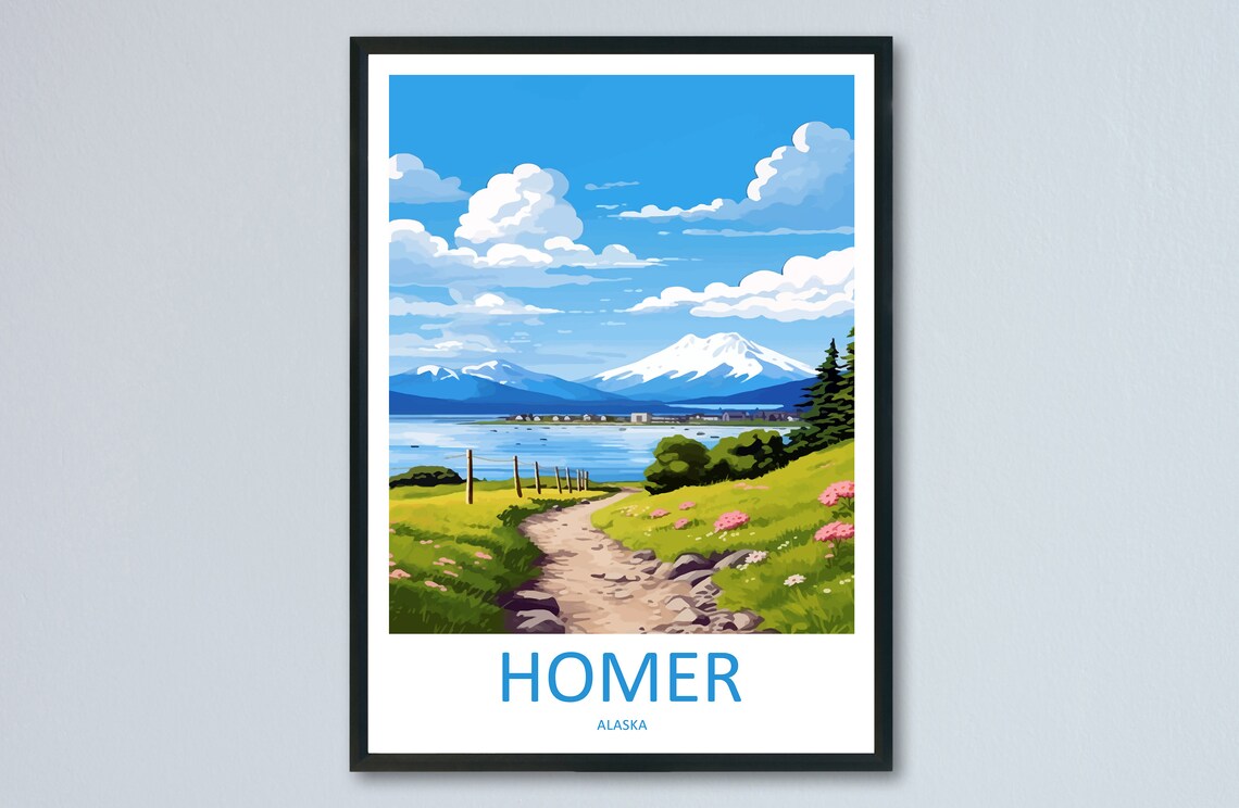 Homer Alaska Mountain Bay Meadow Trail Illustration Travel Poster