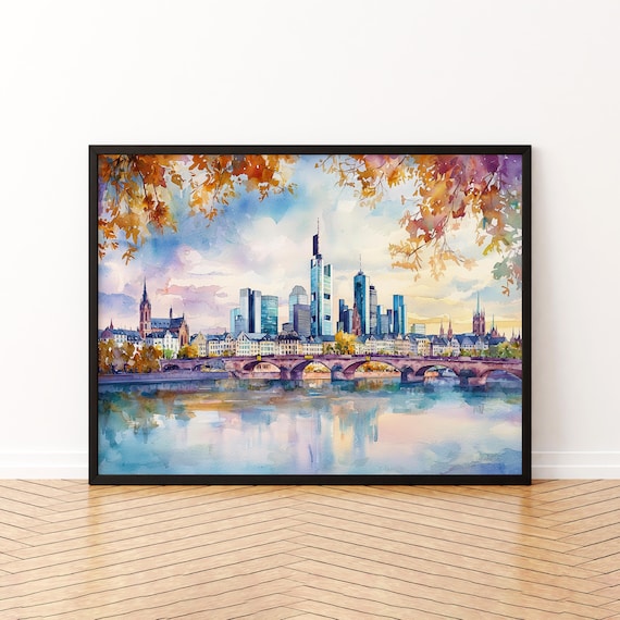 Frankfurt Germany Watercolor Poster Skyline Skyscrapers Bridge Autumn View