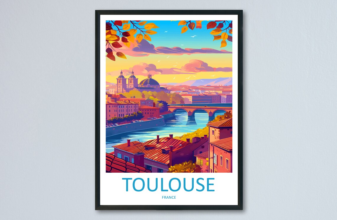 Autumn Toulouse France River Cityscape Evening Travel Poster