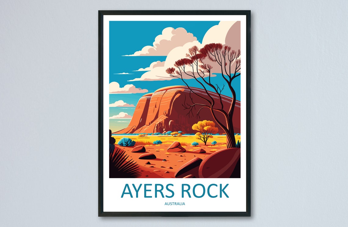 Ayers Rock Australia Uluru Red Desert Scenic Vintage Travel Poster