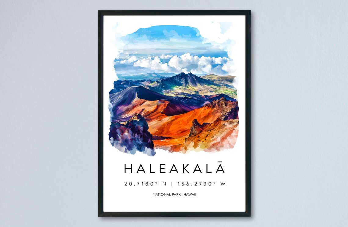 Haleakala Hawaii Volcano Crater Sunrise Watercolor Travel Poster
