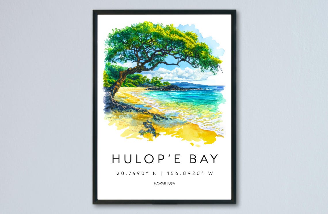 Golden Hulope Bay Hawaii Leaning Tree Beach Watercolor Poster