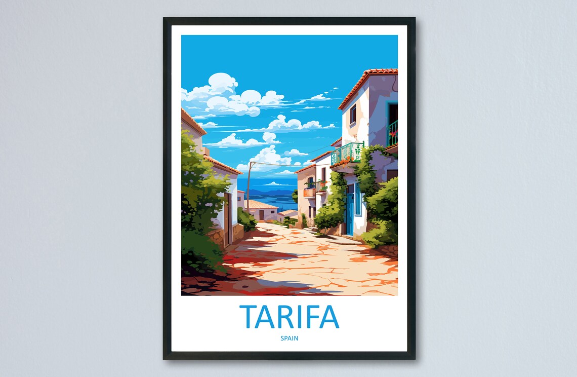 Tarifa Spain Whitewashed Old Town Street Sea View Travel Poster
