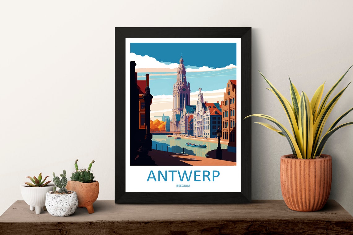 Antwerp Belgium Riverfront Cathedral Old Town Skyline Travel Poster - Image 3