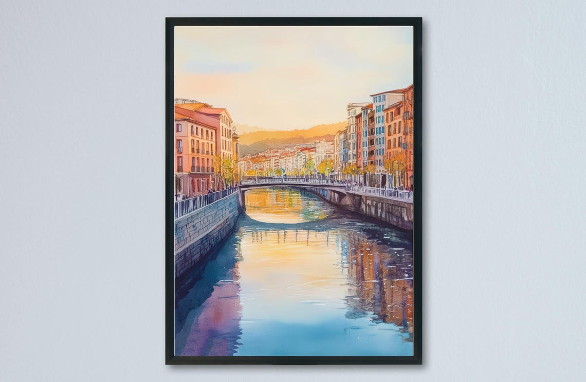 Bilbao Spain Riverside Old Town Bridge Sunset Watercolor Poster