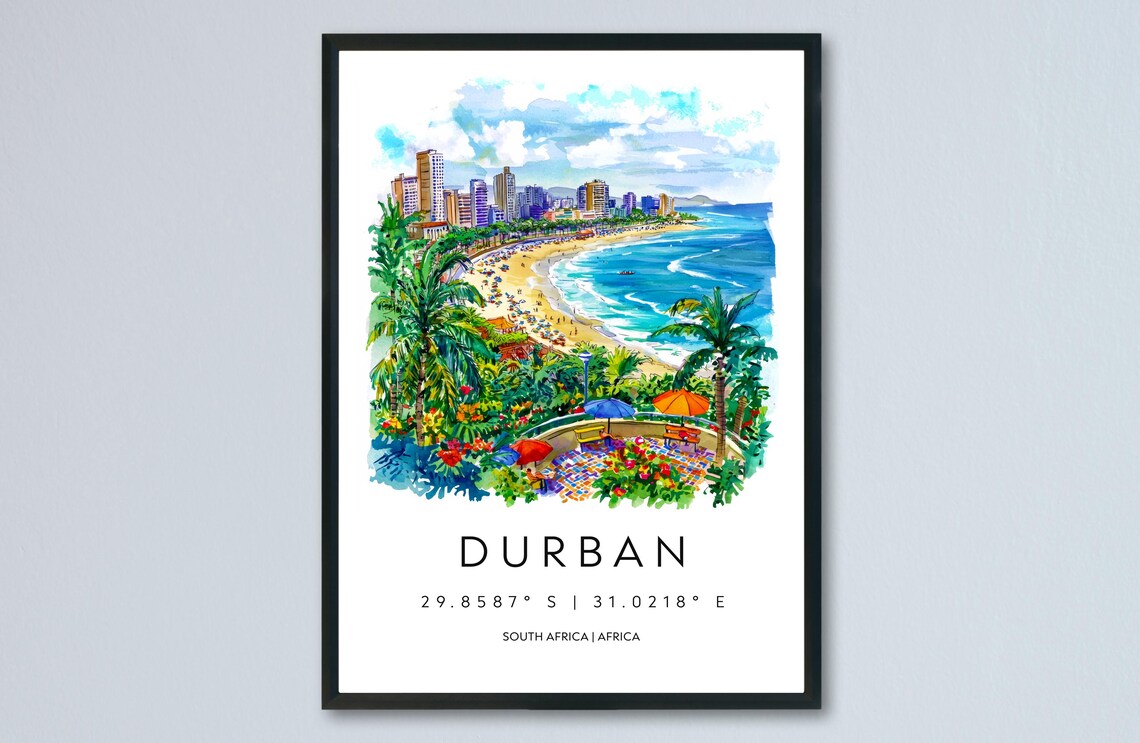 Durban South Africa Watercolor Beach City Skyline Travel Poster