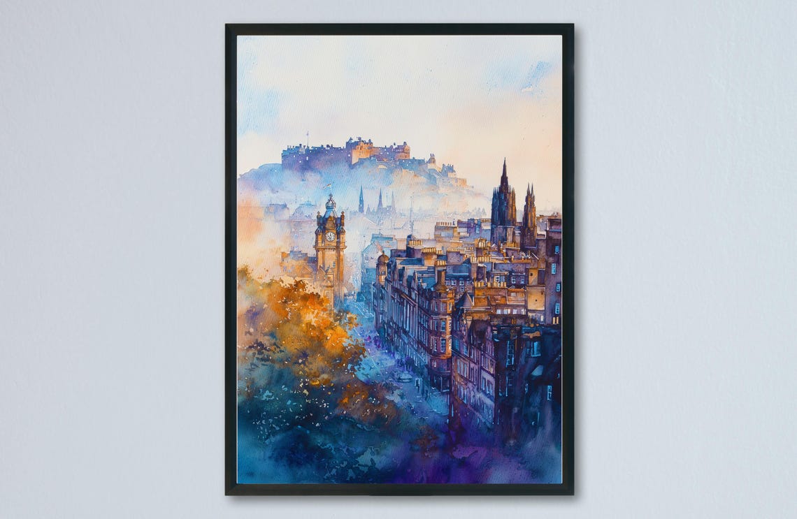 Edinburgh Castle Rock City Warm Haze Watercolor Old Town Poster