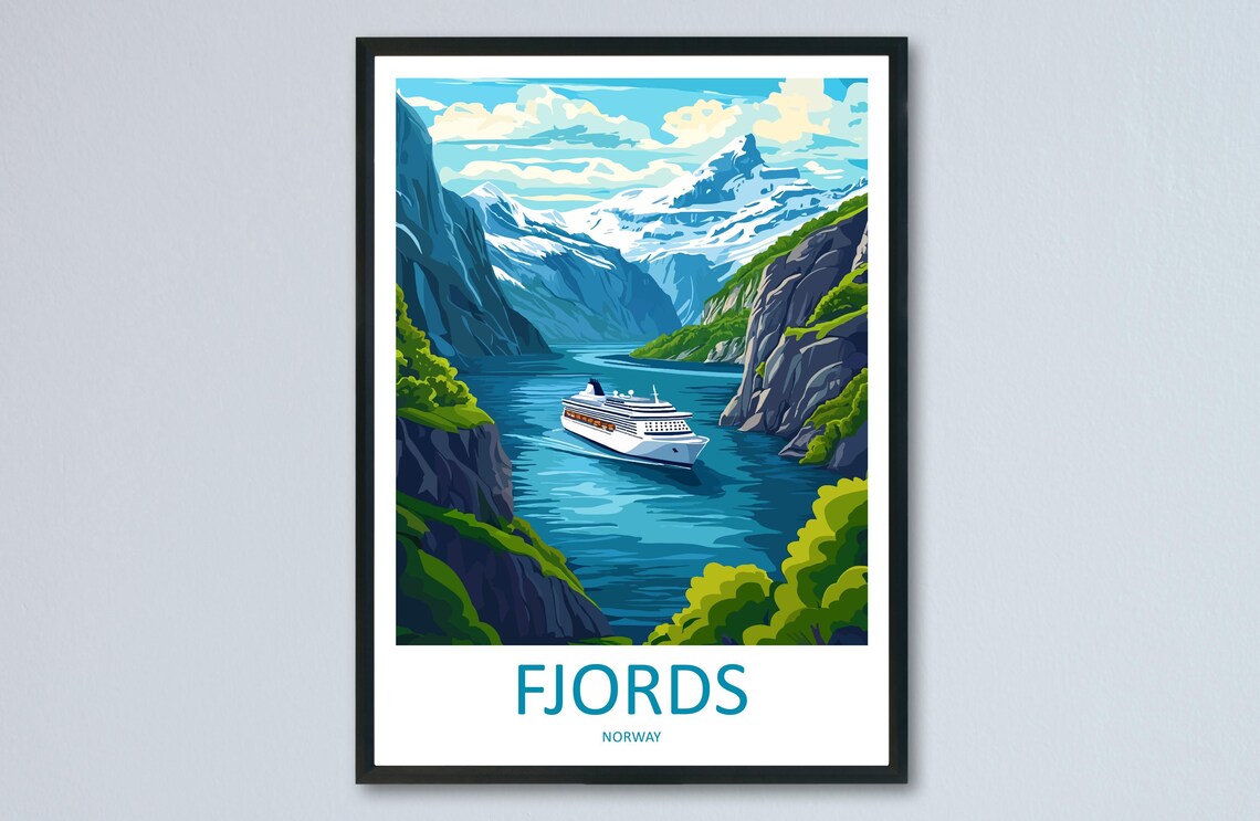 Norway Fjords Cruise Ship Snow Peaks Nordic Travel Poster Art