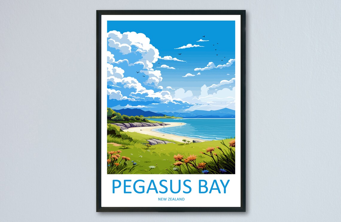 Pegasus Bay New Zealand Wildflower Coast Beach Travel Poster