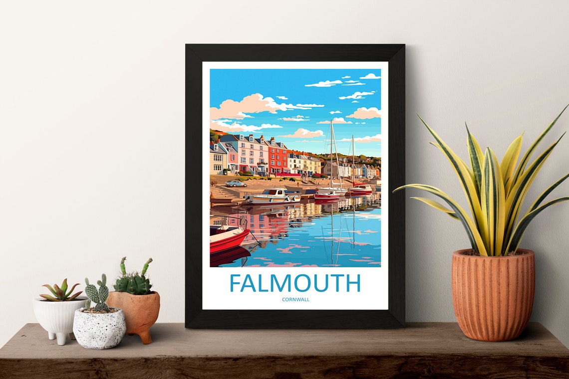 Falmouth Cornwall Harbor Boats Waterfront Travel Illustration Poster - Image 3