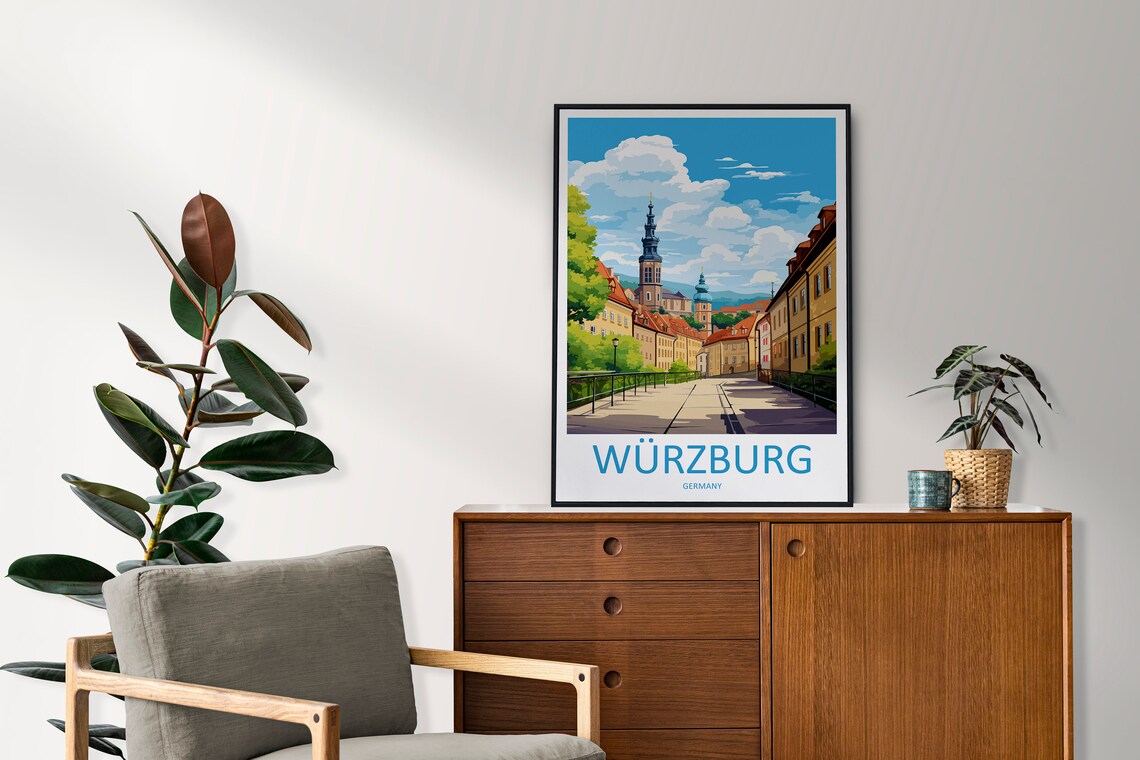 Wurzburg Germany Old Town Church Towers Sunny Street Travel Poster - Image 2