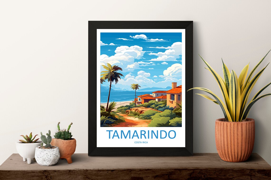 Tamarindo Costa Rica Palm Lined Beach with Red Roofed Villas Travel Poster - Image 3