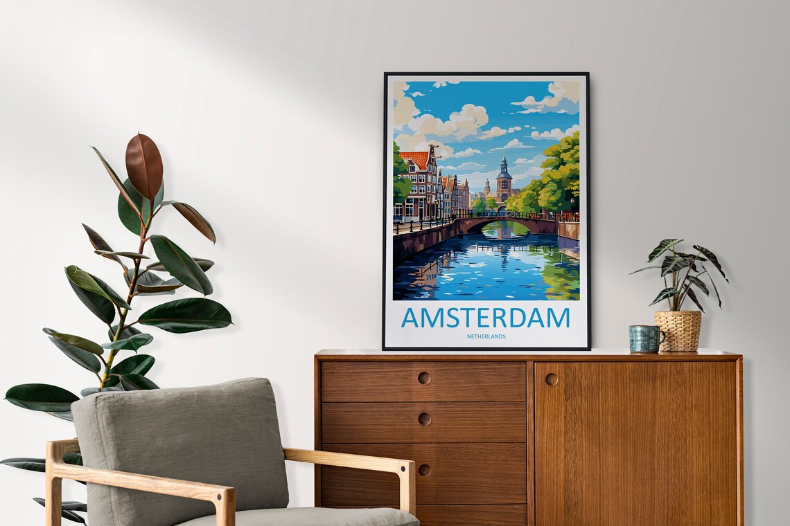 Sunny Amsterdam Canal with Old Bridge Vintage Travel Art Poster - Image 2