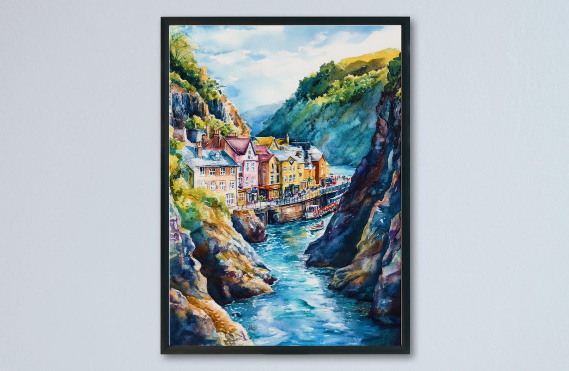 Lynmouth Harbor Boats Steep Cliffs Exmoor Coastal Village Poster