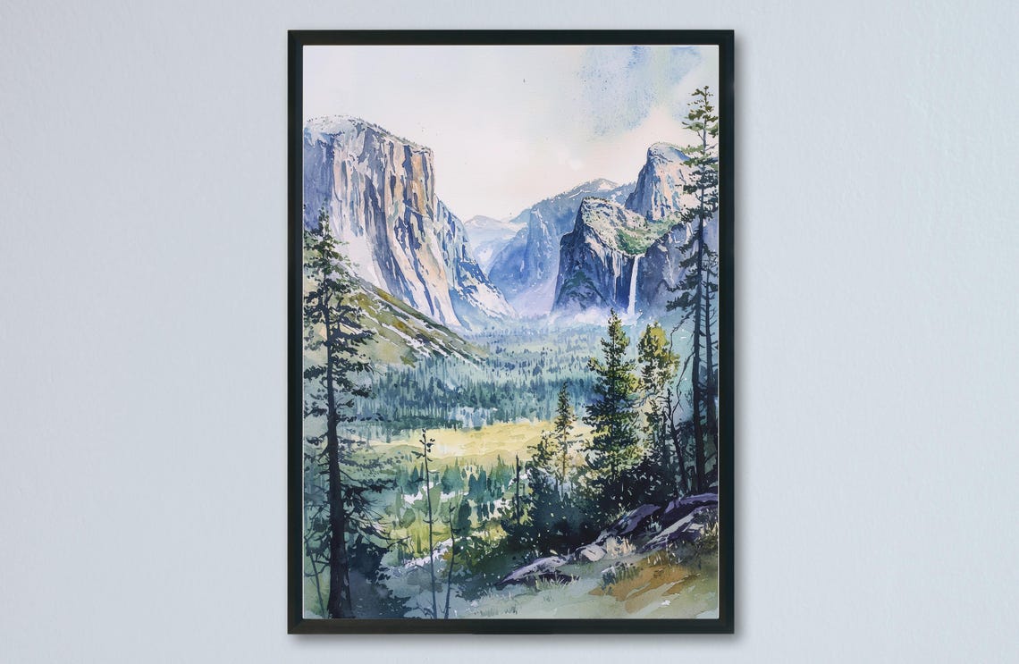 Yosemite Valley El Capitan Bridalveil Fall Watercolor Park Poster