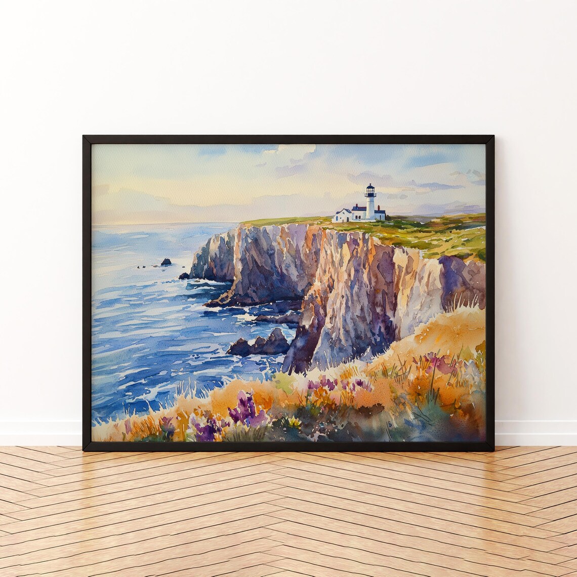 Pembrokeshire Cliff Lighthouse and Ocean Waves Watercolor Coastal Poster