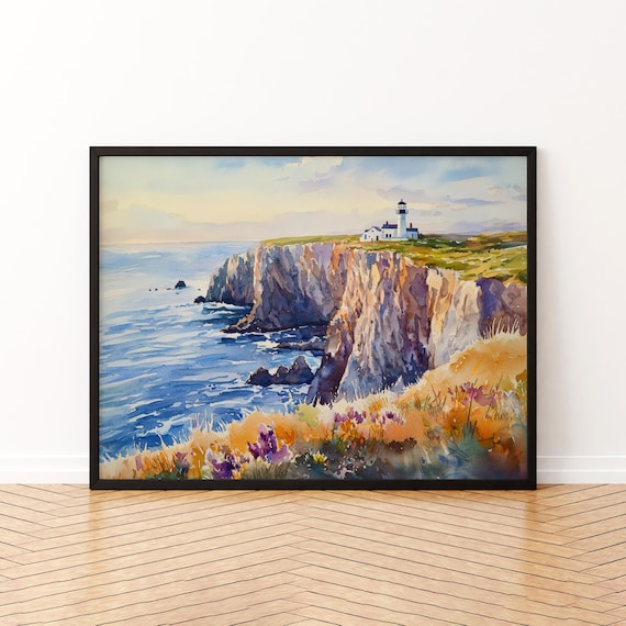 Pembrokeshire Cliff Lighthouse and Ocean Waves Watercolor Coastal Poster