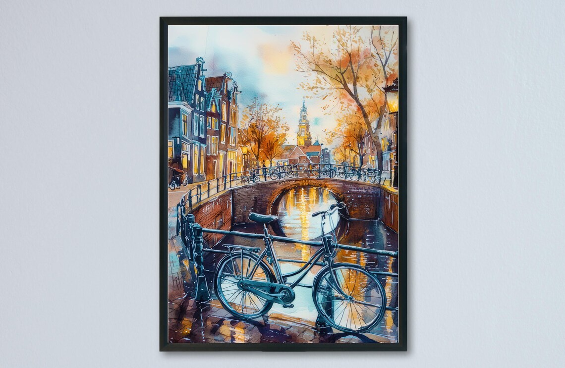 Amsterdam Evening Canal Bicycle Brick Bridge Watercolor Poster