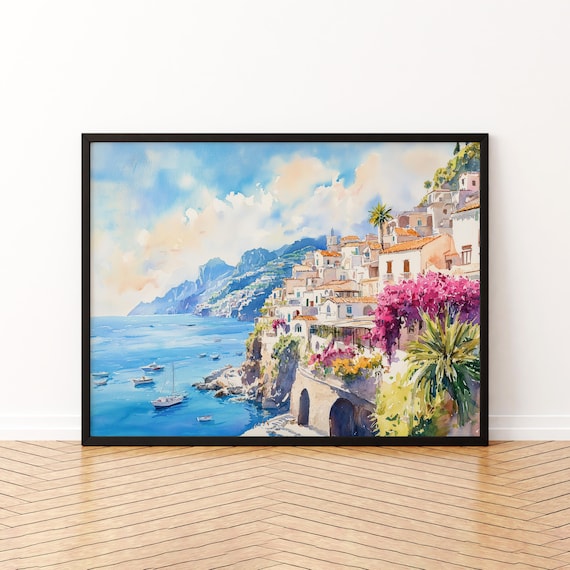Amalfi Coast Watercolor Cliffside Village Bougainvillea Italy Print