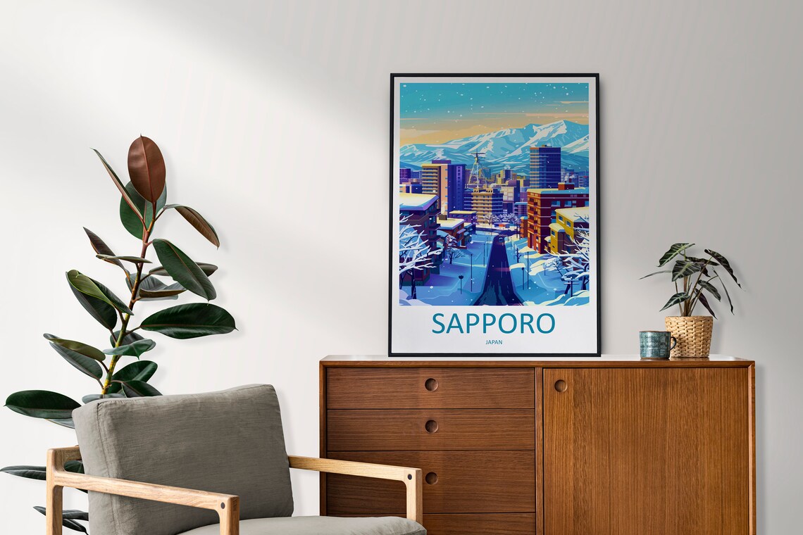 Sapporo Japan Snowy City Street with Mountains on the Horizon Poster - Image 2