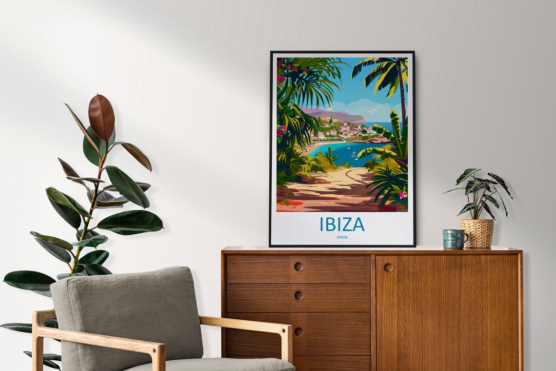 Ibiza Spain Tropical Palm Framed Sailboat Cove Coastal Poster - Image 2