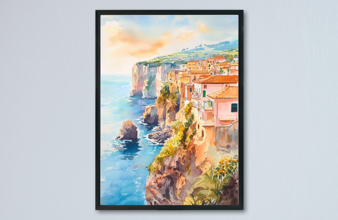 Sorrento Cliffside Coast Watercolor Italy Mediterranean Sea Poster