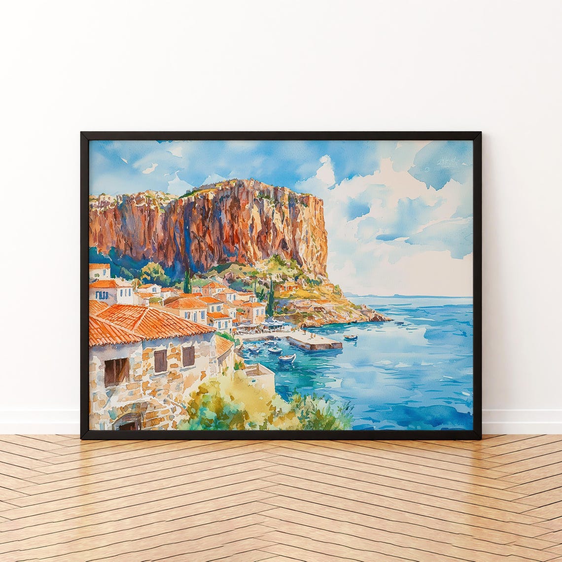 Monemvasia Rock Town Harbor Boats Greece Watercolor Travel Poster