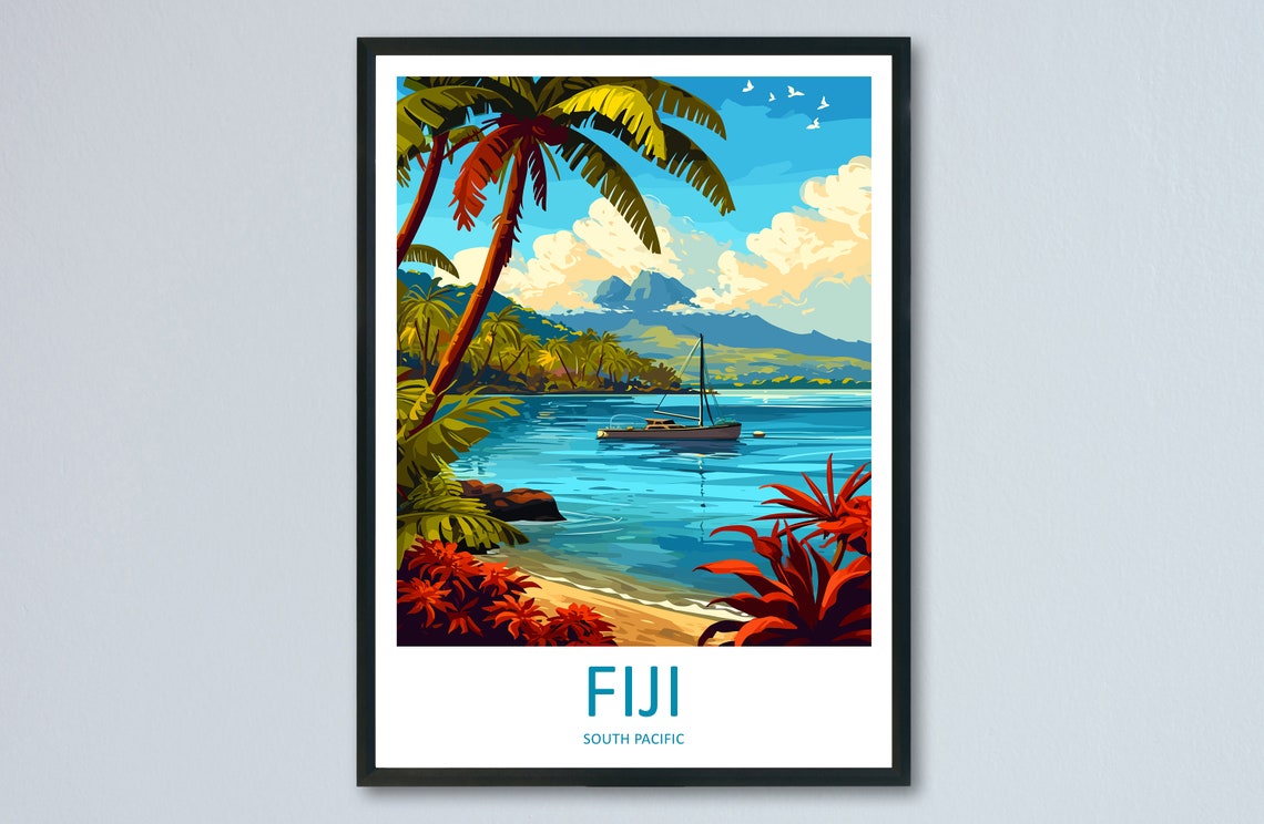 Fiji South Pacific Tropical Beach Palms Sailboat Travel Poster