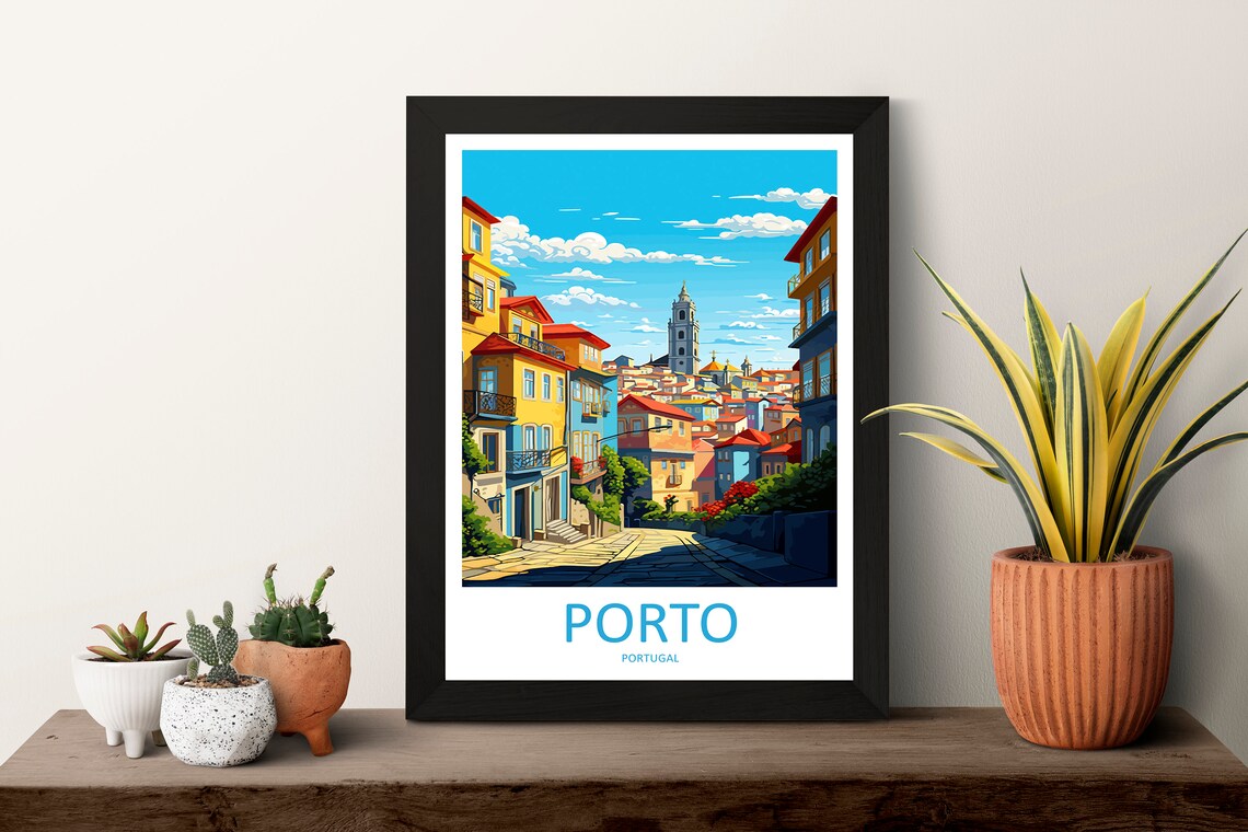 Porto Portugal Colorful Hillside Street Old Town Travel Poster - Image 3