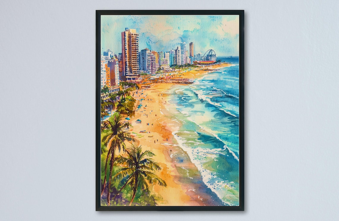 Tropical Beach City Skyline Palm Ocean Watercolor Art Poster