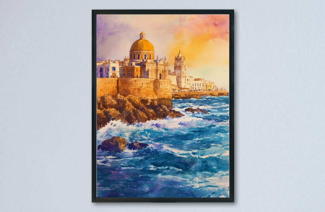 Cadiz Spain Cathedral Waterfront Sunset Watercolor Travel Poster
