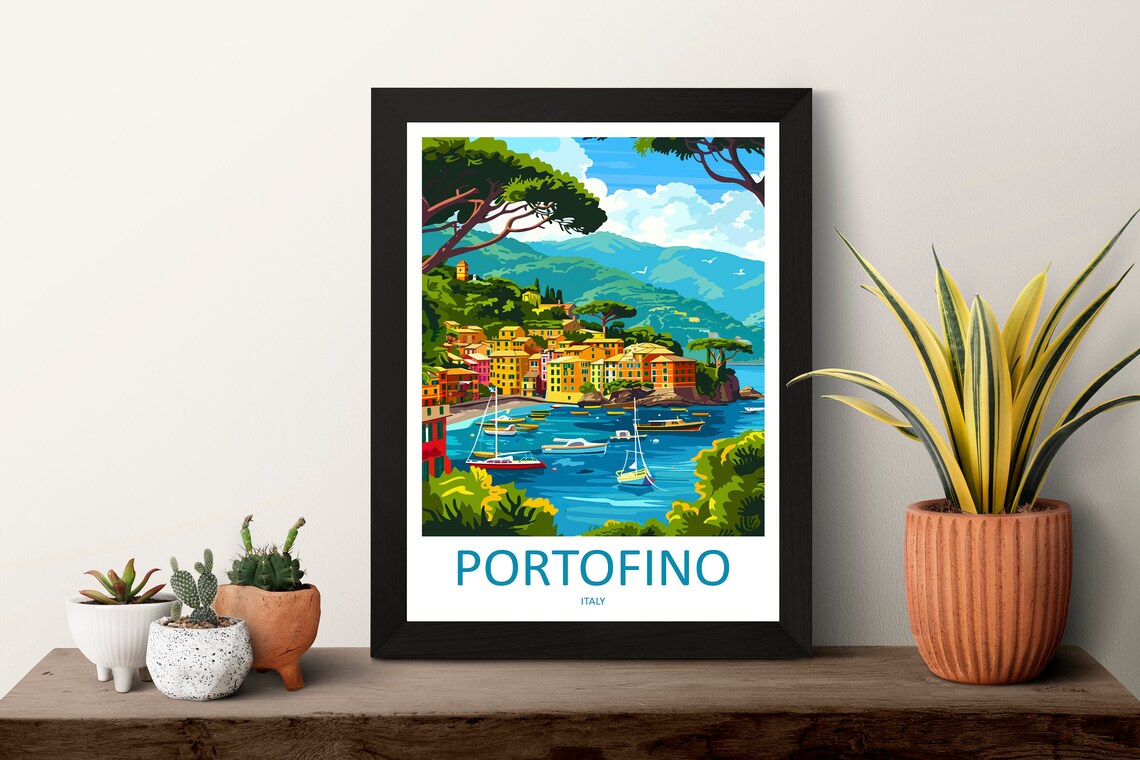 Portofino Italy Colorful Harbor Boats Green Hills Sunny Poster - Image 3