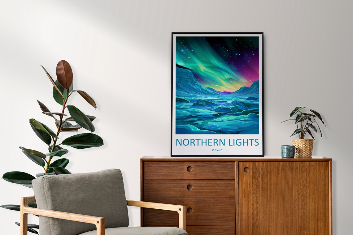 Northern Lights Iceland Aurora Dancing Over Frozen Landscape Poster - Image 2