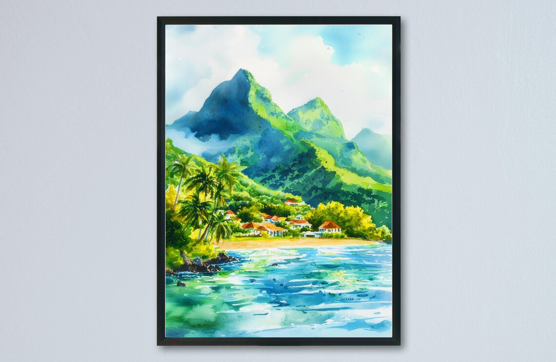 Majestic Twin Volcanic Peaks Over Tropical Beach Village Poster