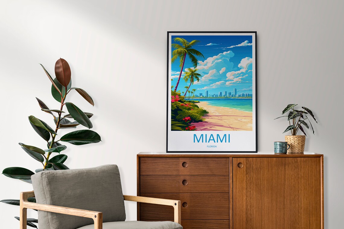 Miami Florida Beach Palm Trees City Skyline Tropical Travel Poster - Image 2
