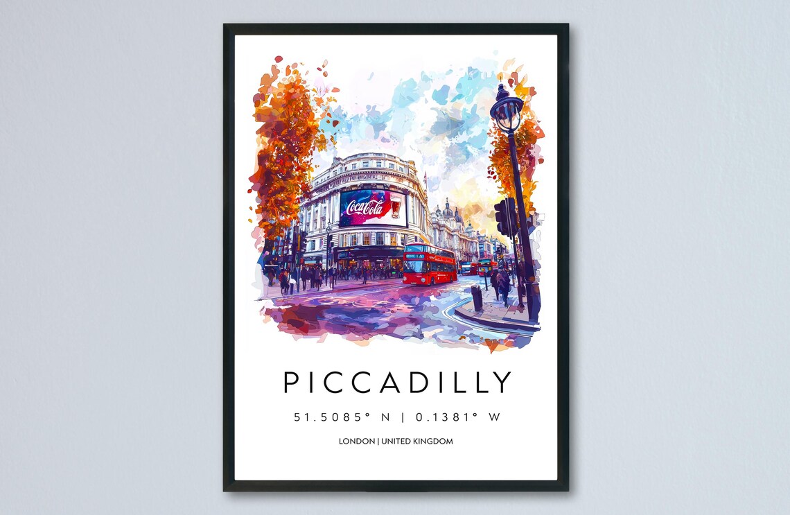 Piccadilly Circus London Watercolor Red Bus City Art Travel Print