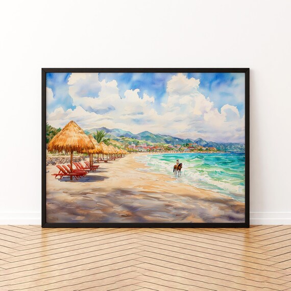 Mexico Beach Watercolor Thatched Palapas Coastal Landscape Poster