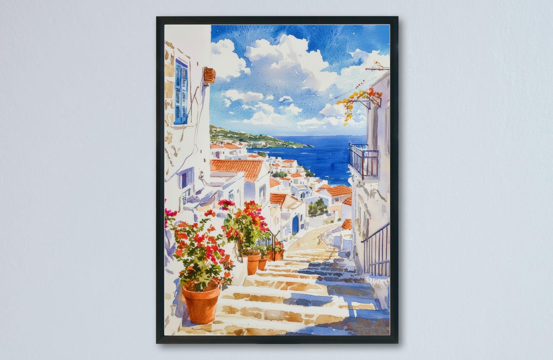 Syros Greece Watercolor Whitewashed Steps Blue Sea Travel Poster