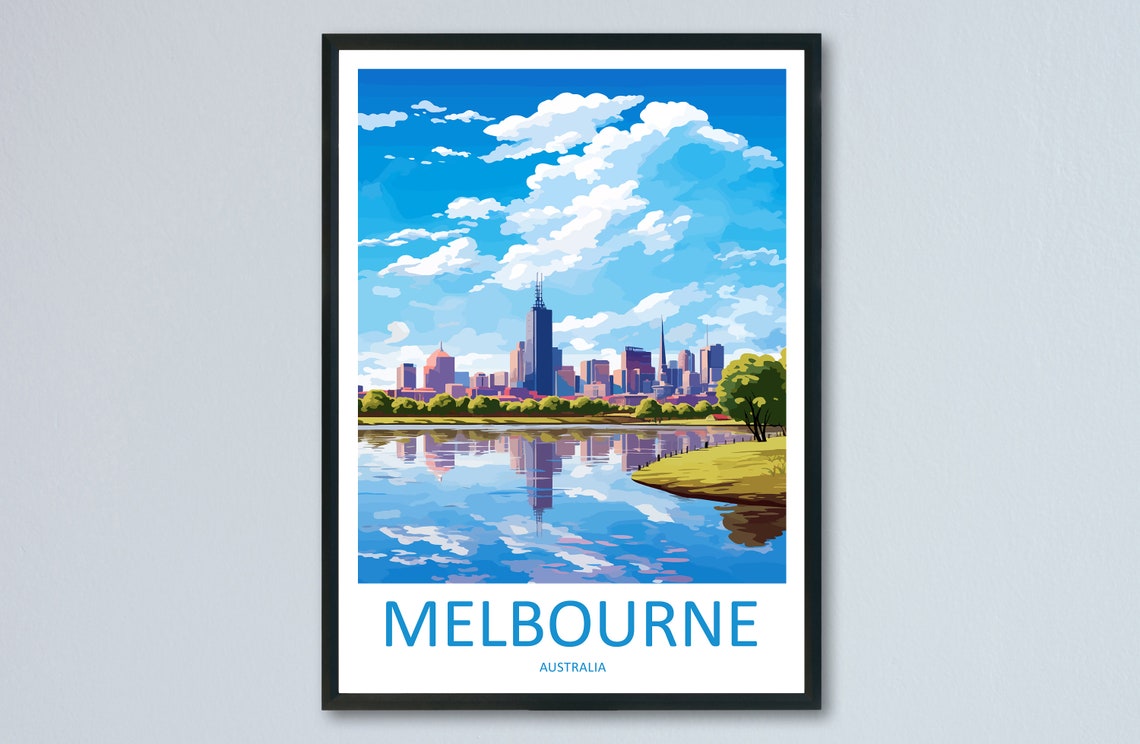 Melbourne Australia Blue Sky Skyline Poster Reflected on the River