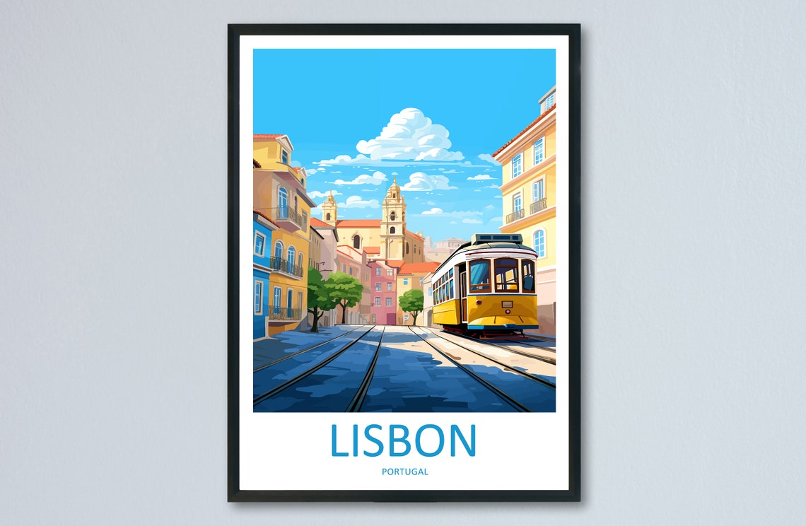 Lisbon Portugal Yellow Tram in Historic Old Town Street Poster