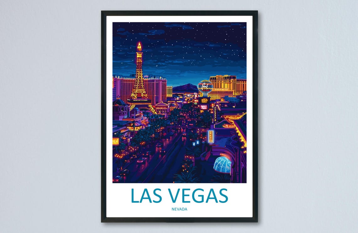 Las Vegas Night Strip Eiffel Tower Neon Lights Nevada Travel Poster